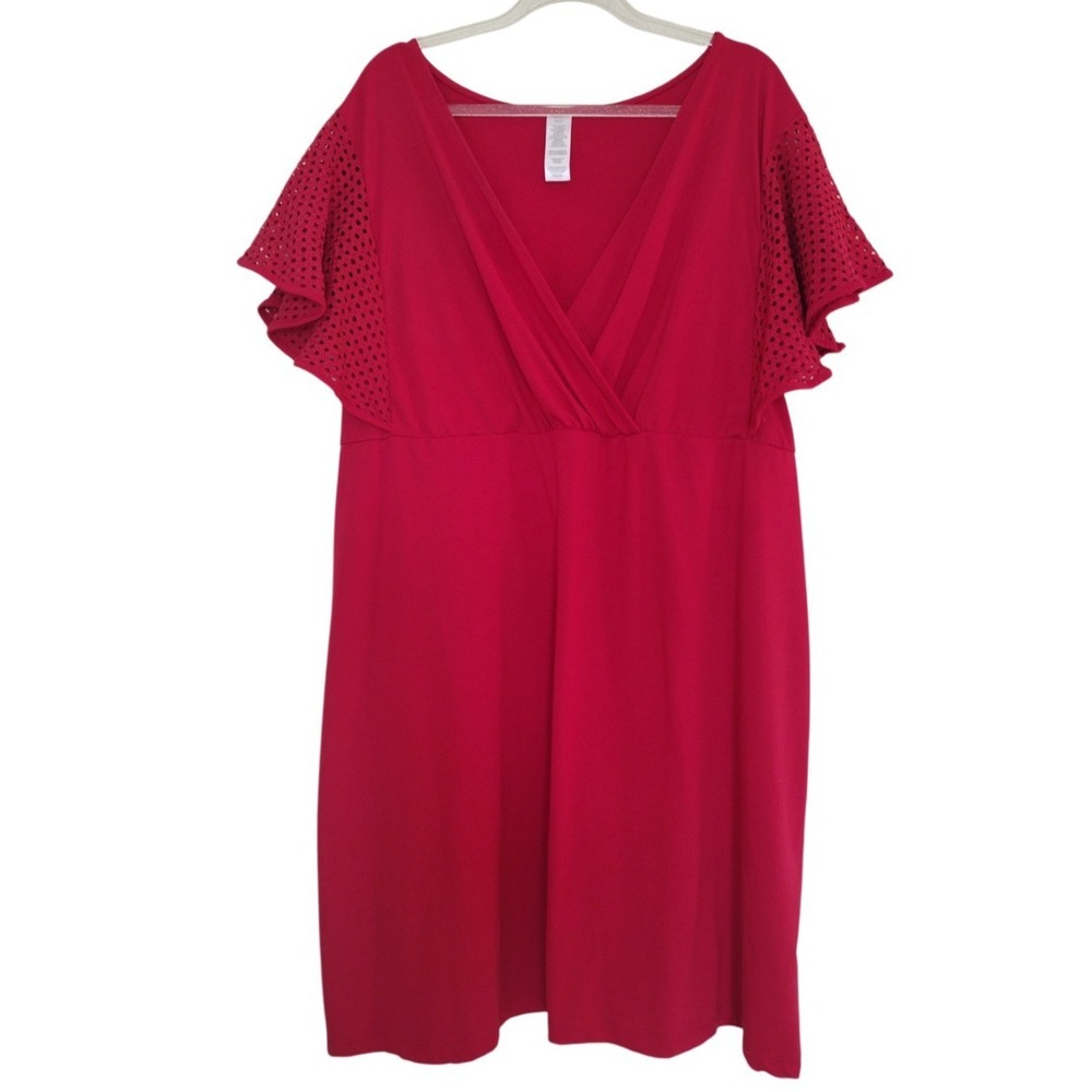 Avon Dress Woman 3X Red Faux Wrap Flutter Mesh Short‎ Sleeve Stretch Knee Length